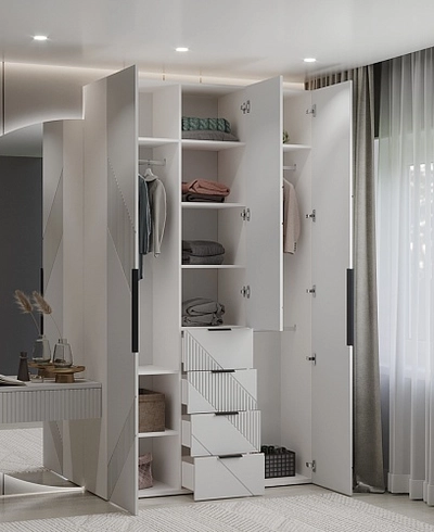 Шкаф трехдверный с ящиками узкий, фрезерованные фасады в эмали LE203.44