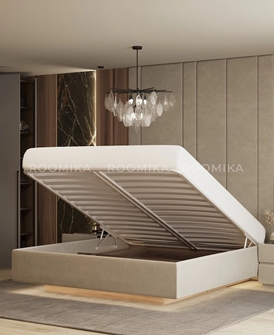 Cпальня с мягкой стеновой панелью и кроватью подиумом 3