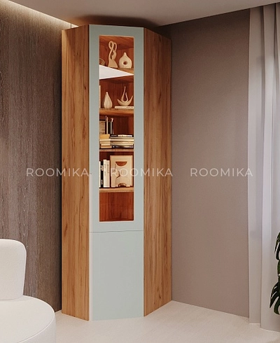 Шкаф угловой книжный со стеклом разносторонний с подсветкой, фасады в эмали LE247.44 L/R