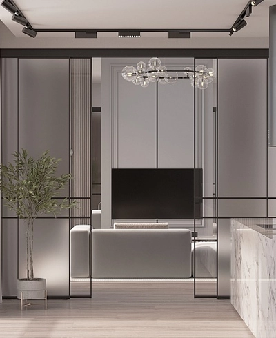 Сатинированная перегородка для спальни, стекло прозрачное и Сатинато GRACE 8