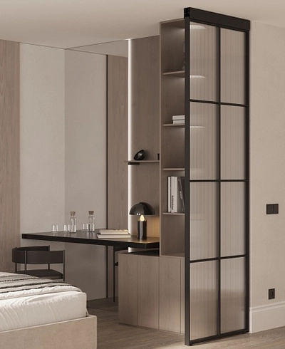 Стеклянная перегородка для зонирования квартиры студии, стекло Эстриадо GRACE 12