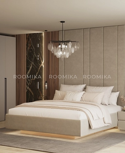 Cпальня с мягкой стеновой панелью и кроватью подиумом 3