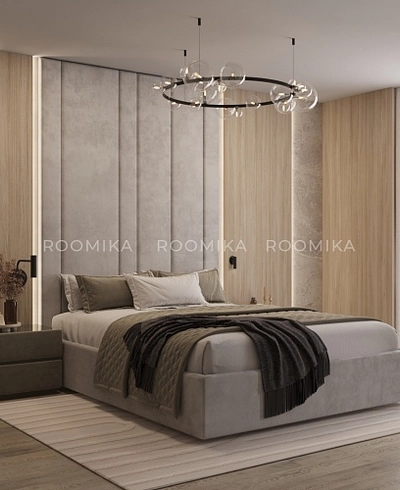 Cпальня с мягкой стеновой панелью и кроватью подиумом 1