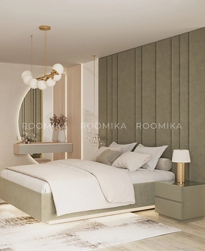 Cпальня с мягкой стеновой панелью и кроватью подиумом 2