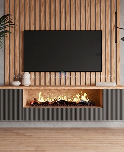 Тумба ТВ навесная с электрокамином, фрезерованные фасады в эмали LE549.451