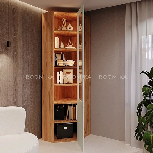 Шкаф угловой книжный со стеклом разносторонний с подсветкой, фасады в эмали LE247.44 L/R