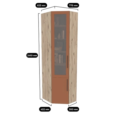 Шкаф угловой книжный со стеклом разносторонний с подсветкой L247.44 L/R