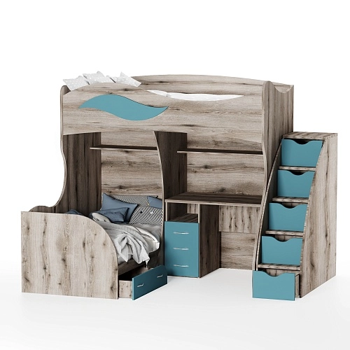 Кровать двухъярусная угловая со столом и лестницей комодом P909, 90x200