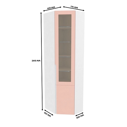 Шкаф угловой книжный со стеклом разносторонний с подсветкой, фасады в эмали LE247.44 L/R