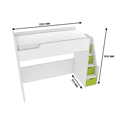 Кровать-чердак  с лестницей комодом L907, 90x200 L/R