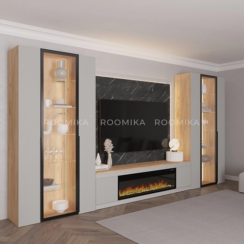 Тумба ТВ напольная с электрокамином, фрезерованные фасады в эмали LE546