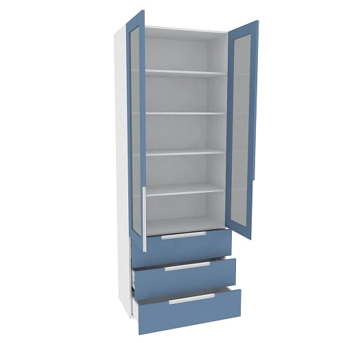 Шкаф книжный с тремя ящиками со стеклом, фасады в эмали LE213S