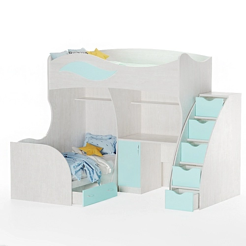 Кровать двухъярусная угловая со столом и лестницей комодом P909, 90x200