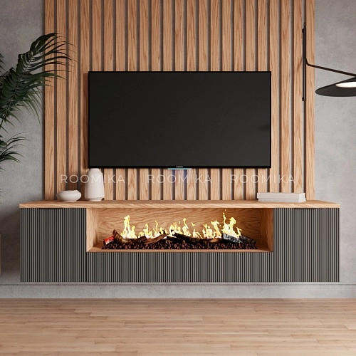 Тумба ТВ навесная с электрокамином, фрезерованные фасады в эмали LE549.451