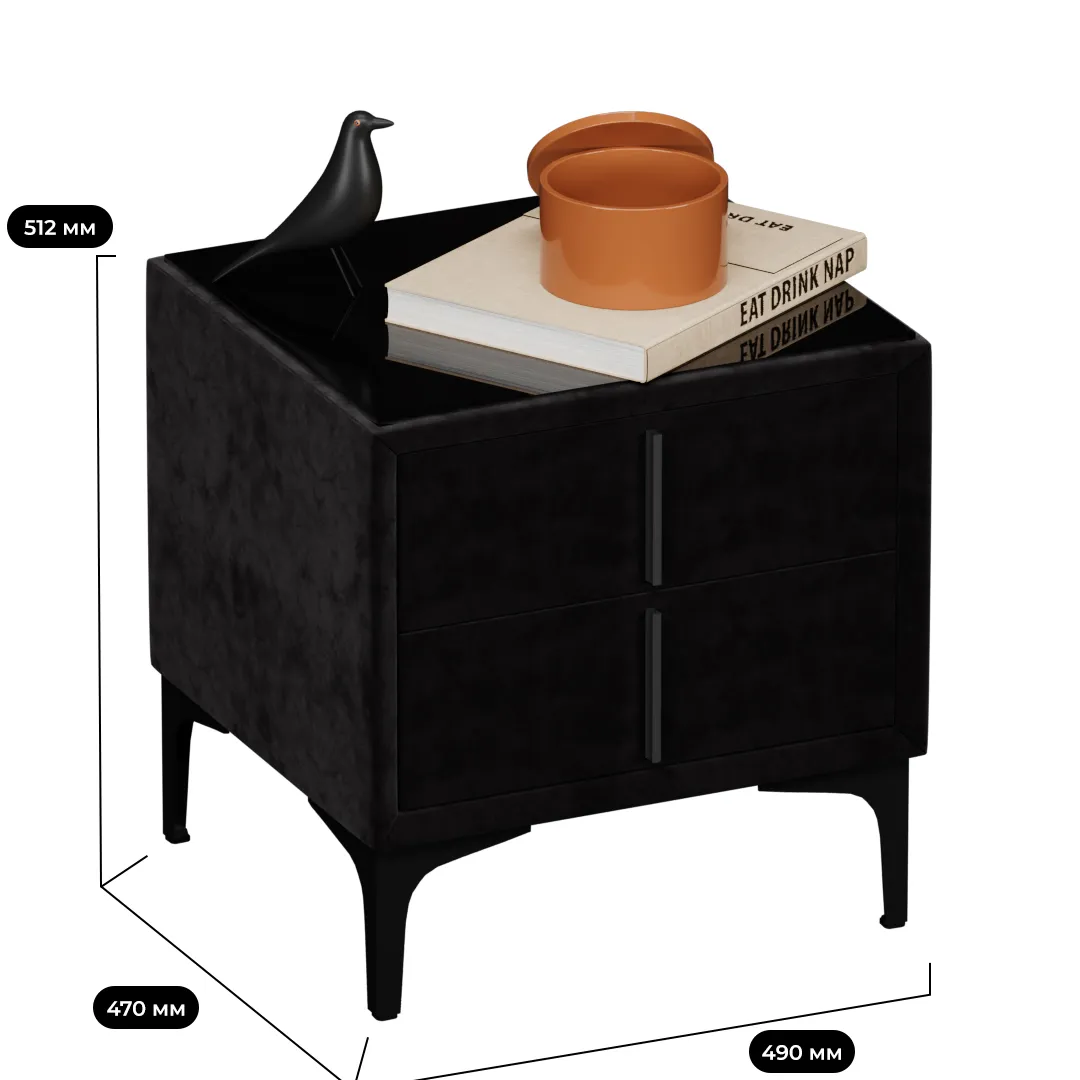 Тумба прикроватная мягкая, стекло прозрачное, ножки черные GRACE752