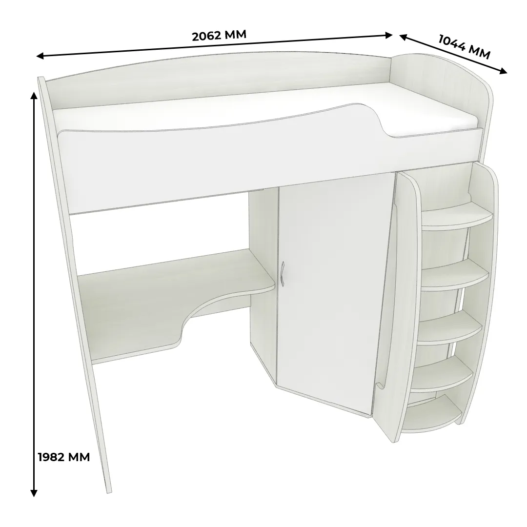 Кровать-чердак с рабочей зоной P906, 90x200