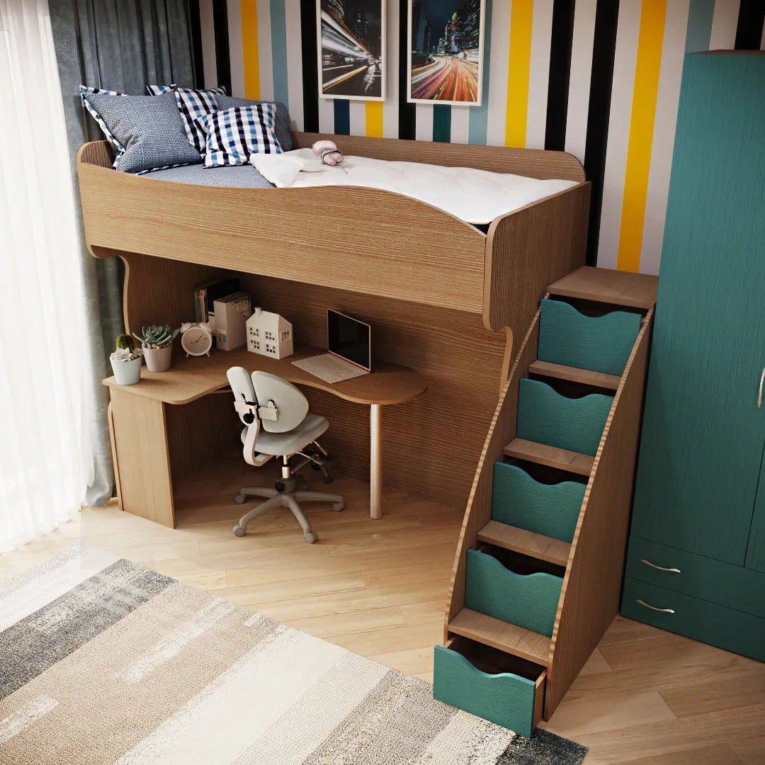 Кровать-чердак с рабочей зоной и лестницей P907, 90x200