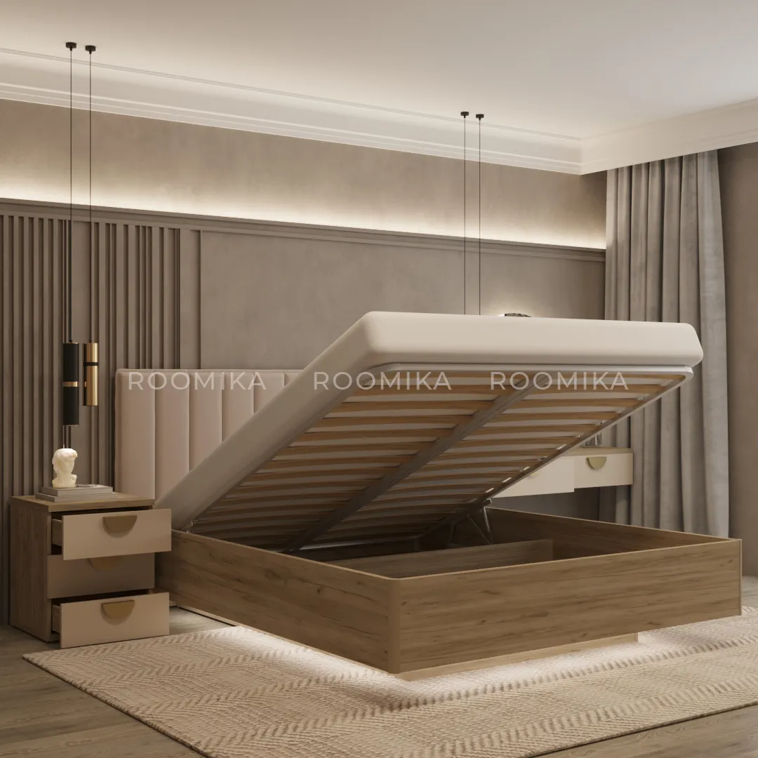 Кровать двуспальная Lazio с парящим эффектом и мягким чехлом в полоску, 140x200