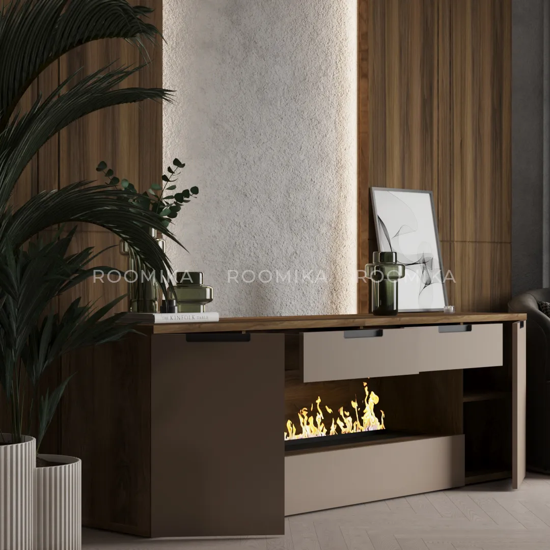 Тумба ТВ навесная с электрокамином, фасады в эмали LE550.450