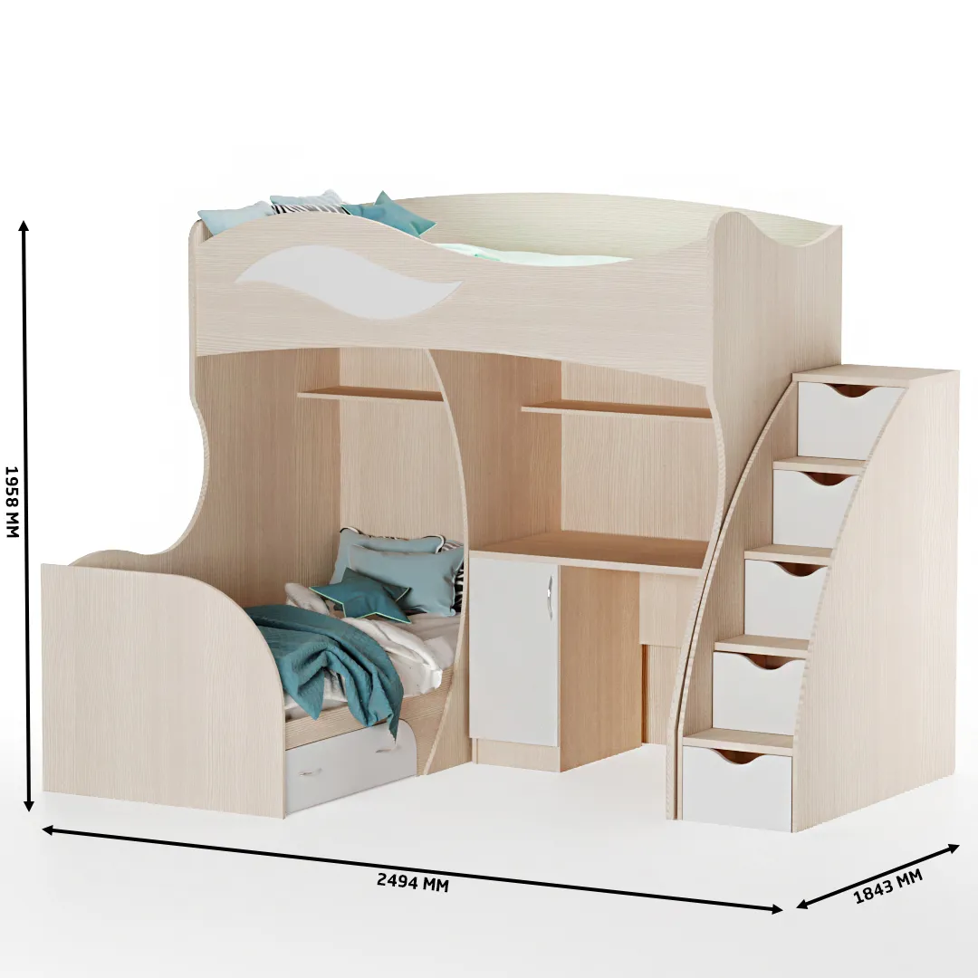 Кровать двухъярусная угловая со столом и лестницей комодом P909, 90x200
