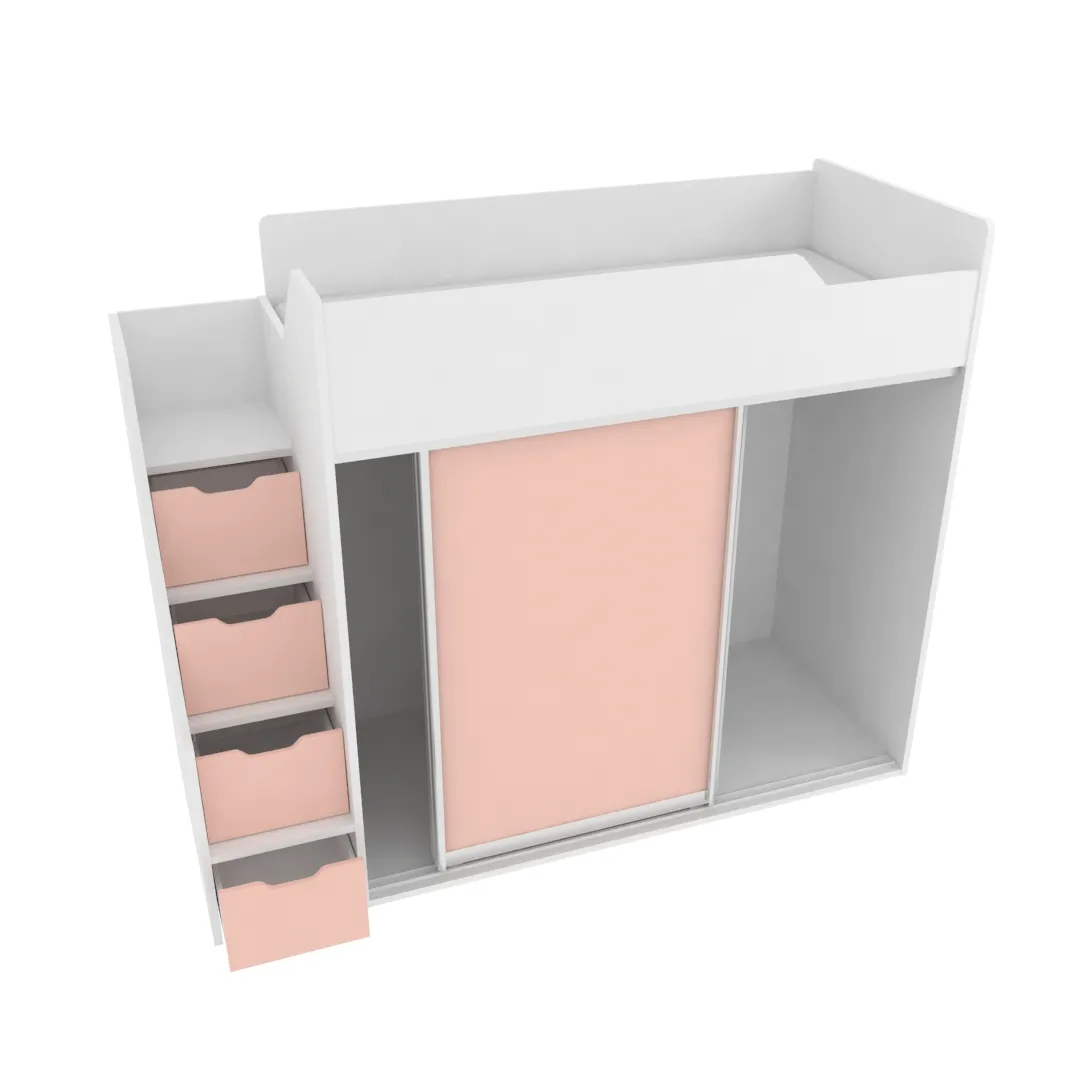 Кровать-чердак  с лестницей комодом, фасады в эмали LE905, 90x190 L/R