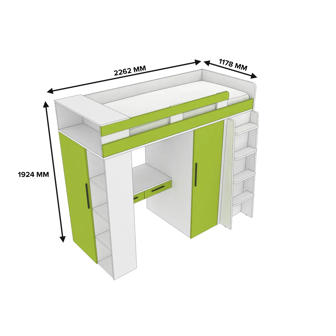 Кровать-чердак с рабочей зоной L903, 90x190 L/R