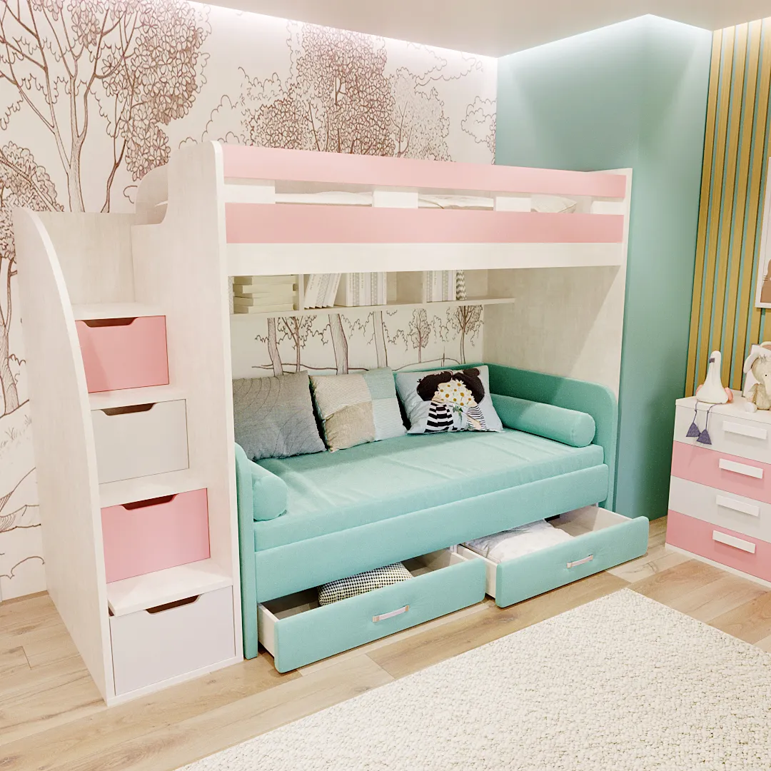 Кровать двухъярусная с диваном для подростка девочки