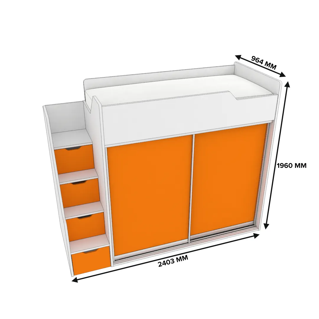 Кровать-чердак  с лестницей комодом L905, 90x190 L/R