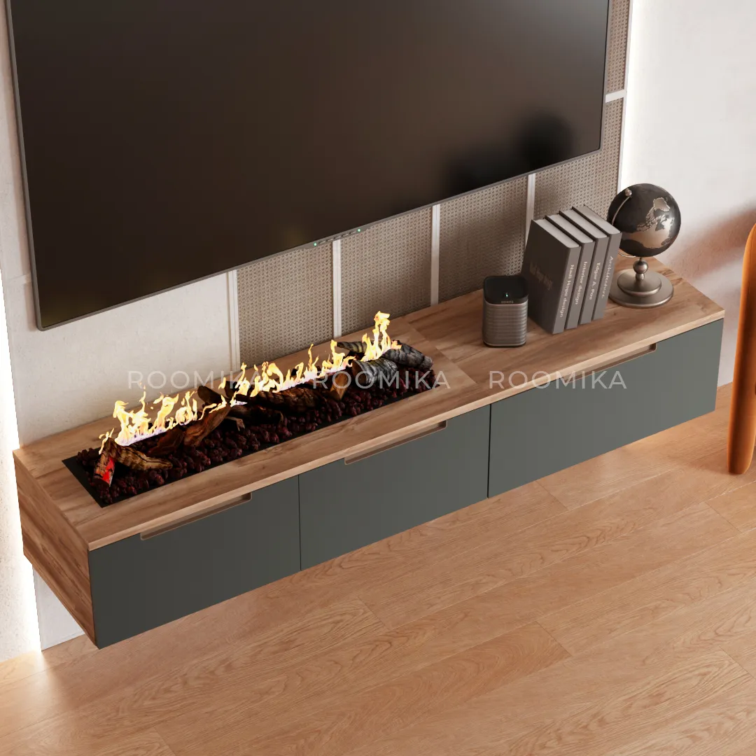 Тумба ТВ навесная с электрокамином, фасады в эмали LE548.451