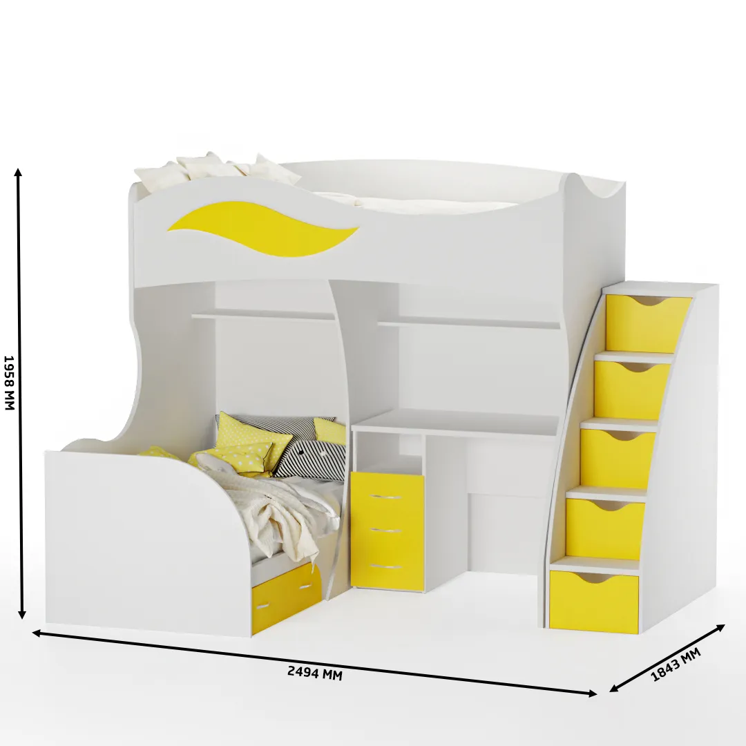 Кровать двухъярусная угловая со столом и лестницей комодом P909, 90x200