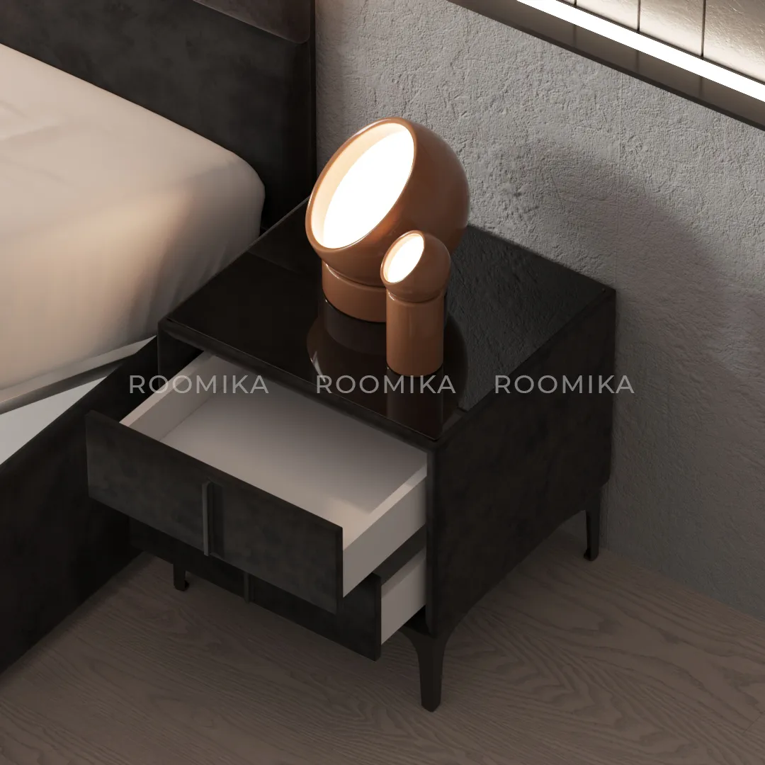 Тумба прикроватная мягкая, стекло прозрачное, ножки черные GRACE752