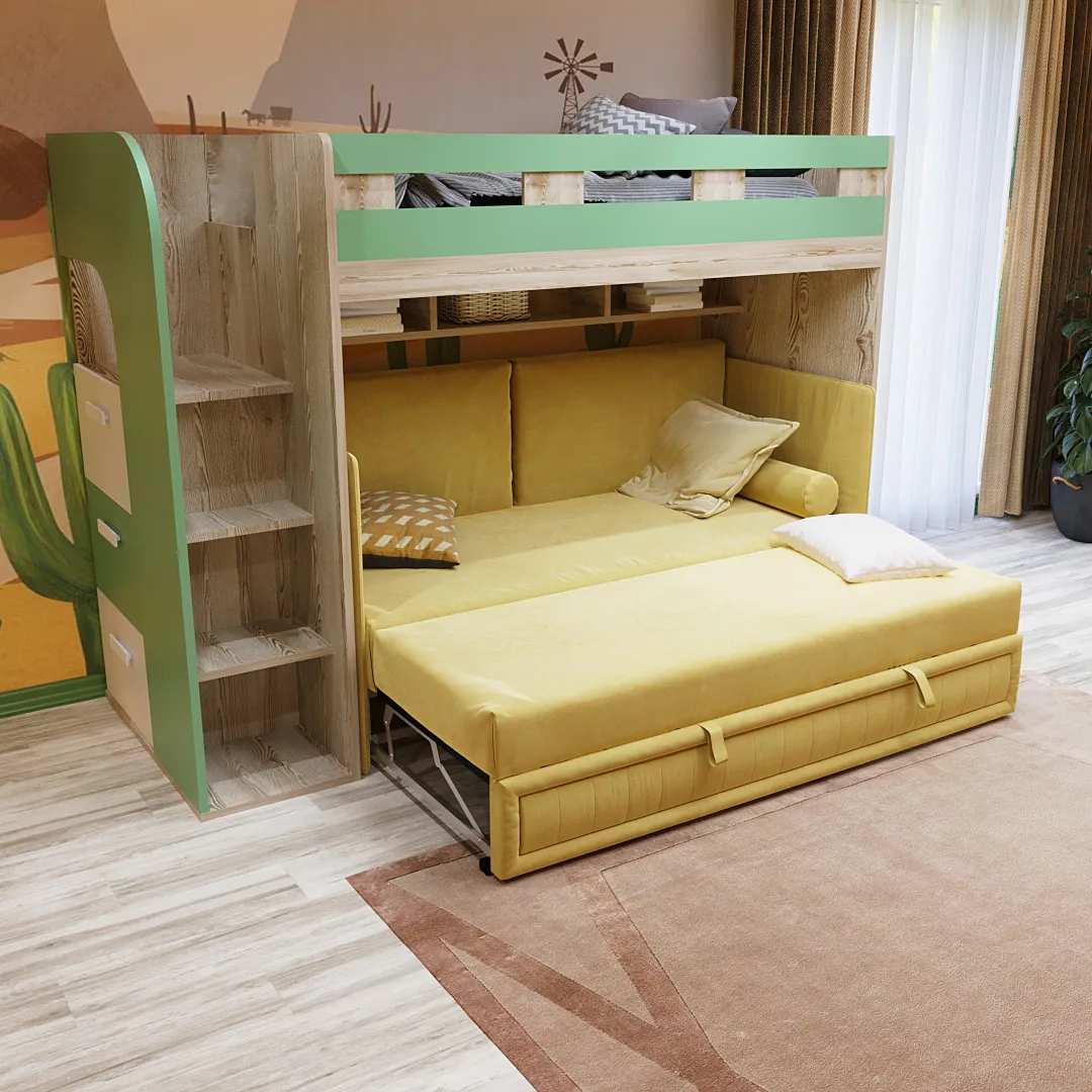 Кровать двухъярусная с раздвижным диваном для мальчика