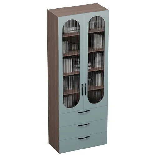 Шкаф книжный с тремя ящиками со стеклом, фрезерованные фасады в эмали LE213S