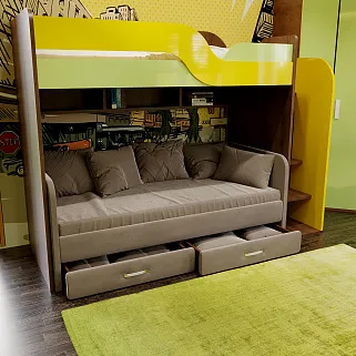 Кровать двухъярусная с диваном для подростка с ящиками