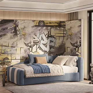 Кровать односпальная мягкая с ящиком для белья TOKIO с полосками, 90x190