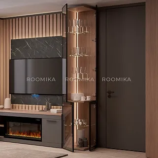 Шкаф завершающий для посуды со стеклянными дверьми в алюминиевом профиле с подсветкой R225