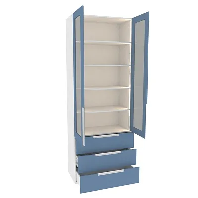 Шкаф книжный с тремя ящиками со стеклом, фасады в эмали LE213S с подсветкой