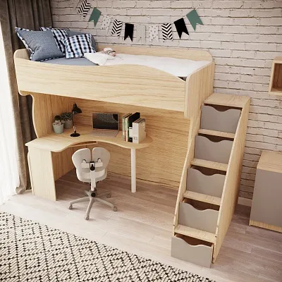 Кровать-чердак с рабочей зоной и лестницей P907, 90x200