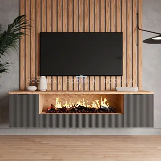 Тумба ТВ навесная с электрокамином, фрезерованные фасады в эмали LE549.451