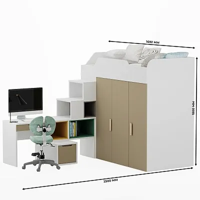 Кровать-чердак со встроенным столом, тумбой и шкафом L920, 90x190 L/R