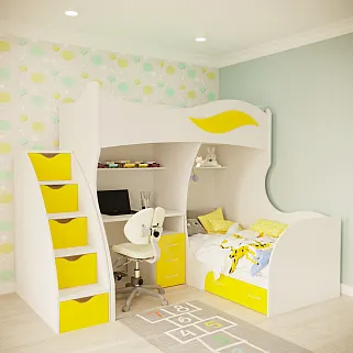 Кровать двухъярусная угловая со столом и лестницей комодом P909, 90x200