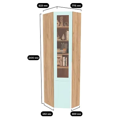 Шкаф угловой книжный со стеклом разносторонний с подсветкой, фасады в эмали LE247.44 L/R