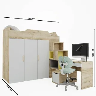 Кровать-чердак со встроенным столом, тумбой и шкафом L920, 90x190 L/R