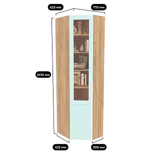 Шкаф угловой книжный со стеклом разносторонний с подсветкой, фасады в эмали LE247.44 L/R