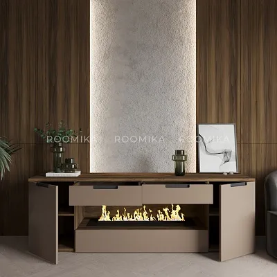 Тумба ТВ навесная с электрокамином, фасады в эмали LE550.450