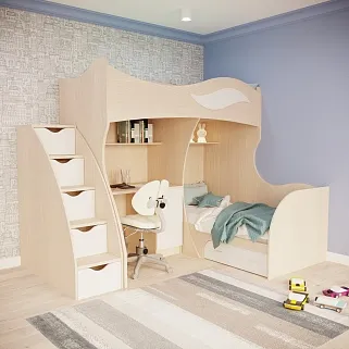 Кровать двухъярусная угловая со столом и лестницей комодом P909, 90x200