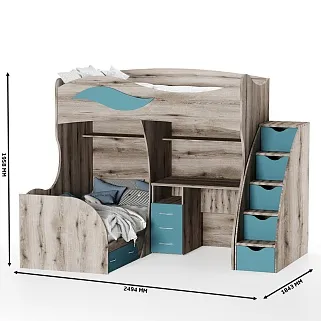 Кровать двухъярусная угловая со столом и лестницей комодом P909, 90x200