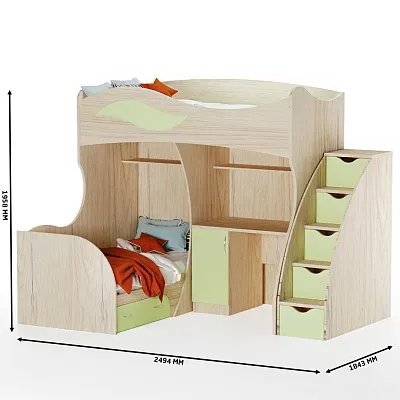 Кровать двухъярусная угловая со столом и лестницей комодом P909, 90x200