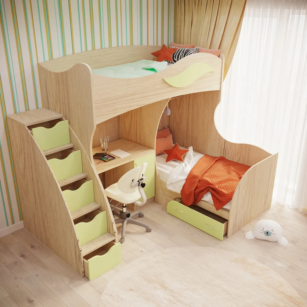 Кровать двухъярусная угловая со столом и лестницей комодом P909, 90x200