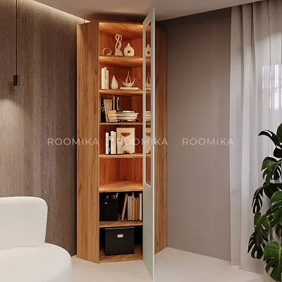 Шкаф угловой книжный со стеклом разносторонний с подсветкой, фасады в эмали LE247.44 L/R